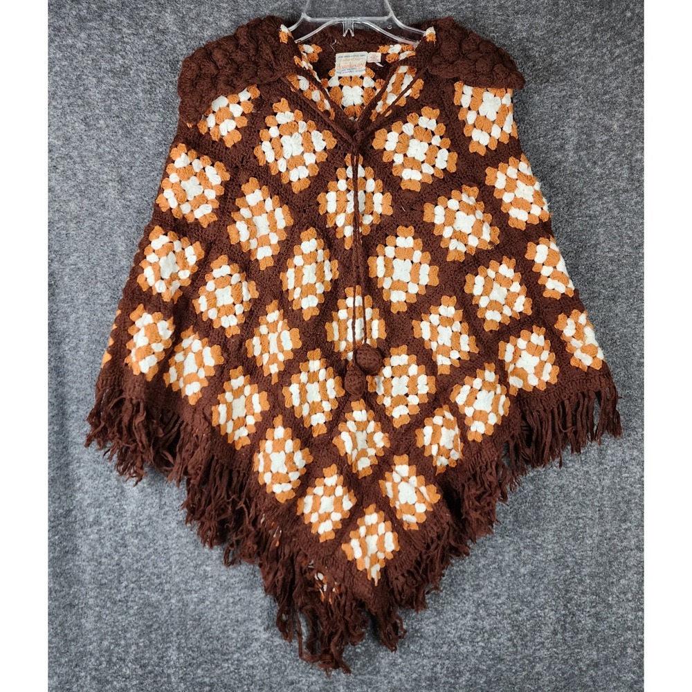 Donnkenny Poncho Womens OS Vintage 1970s Crochet Granny Square Brown EUC